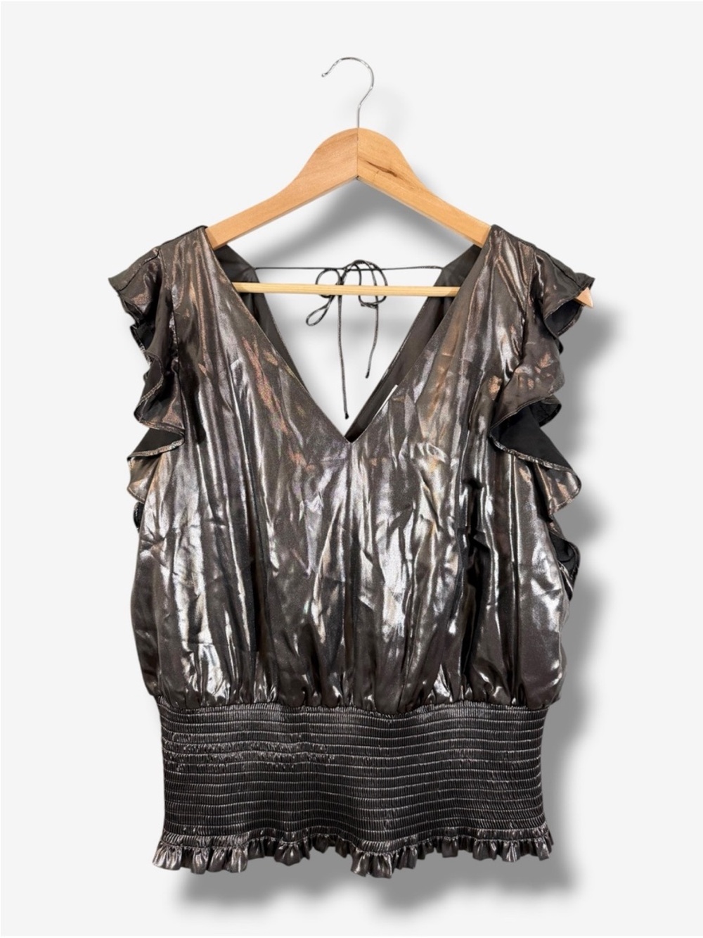 Nine West Black Shimmer V-Neck Blouse XL Flutter Sleeve Tie Back Smocked Holiday